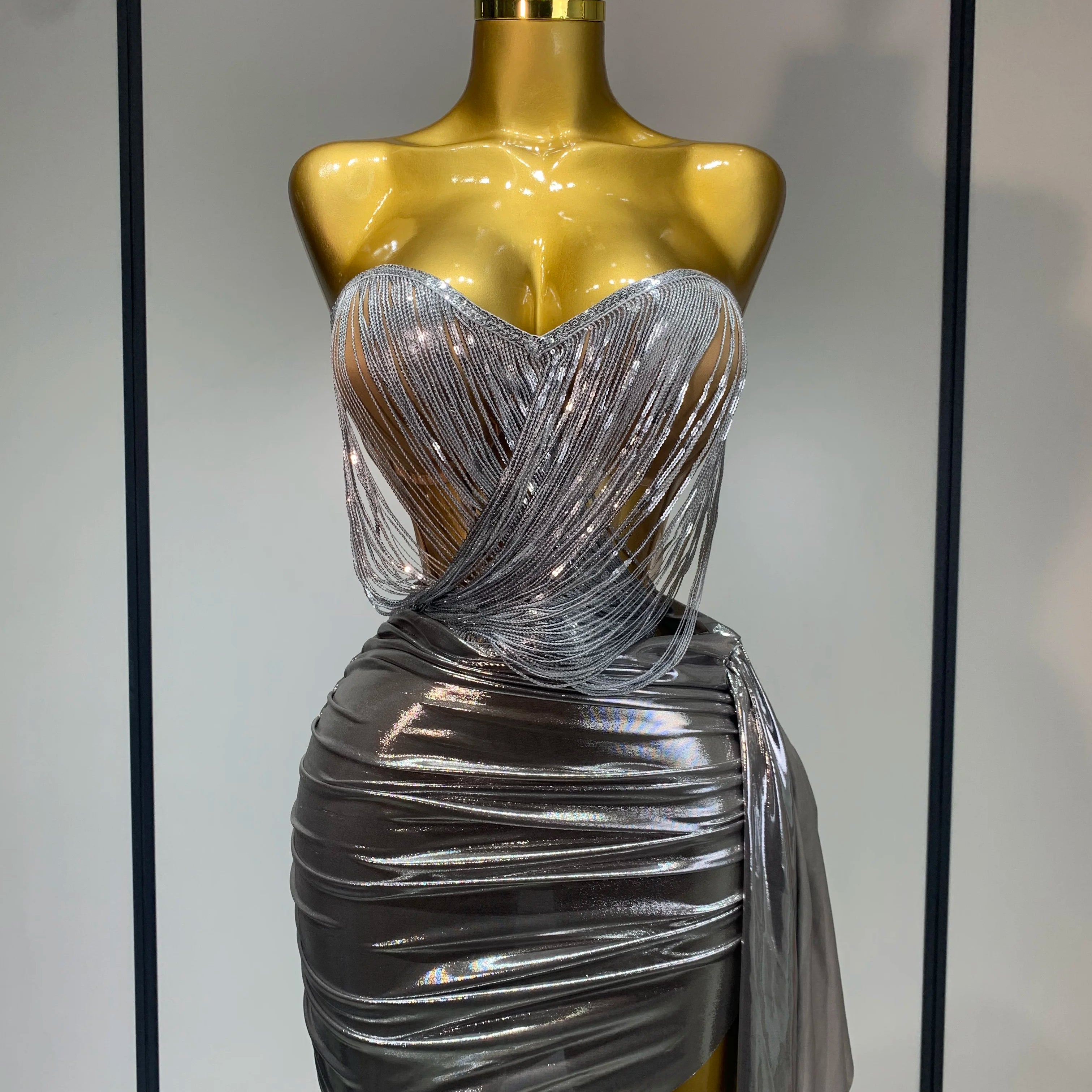 Sparkly Sequin Two Piece Set Sexy Strapless Backless Women Outfit Evening Party Nightclub Stage Performance Dance Costume