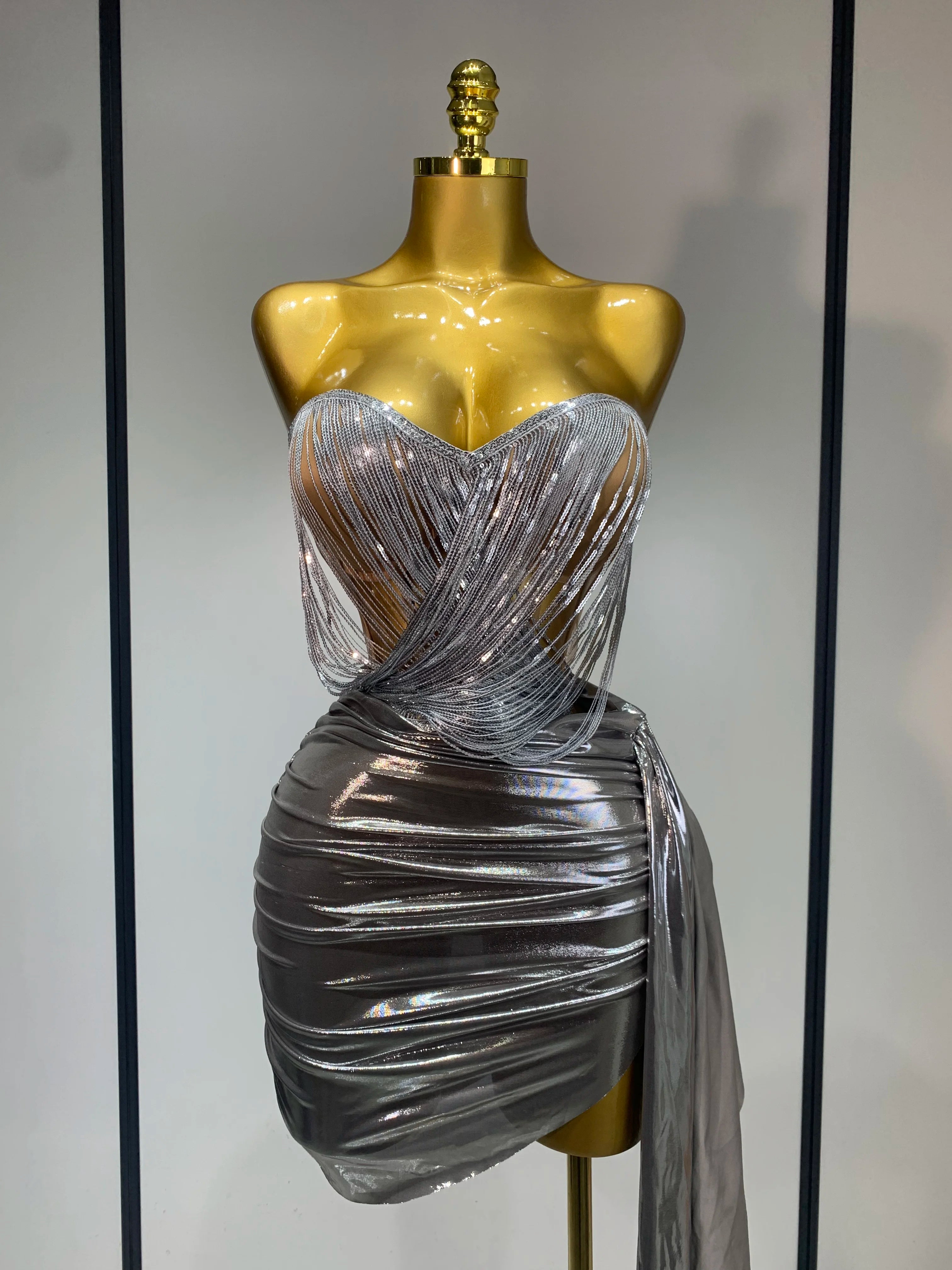 Sparkly Sequin Two Piece Set Sexy Strapless Backless Women Outfit Evening Party Nightclub Stage Performance Dance Costume