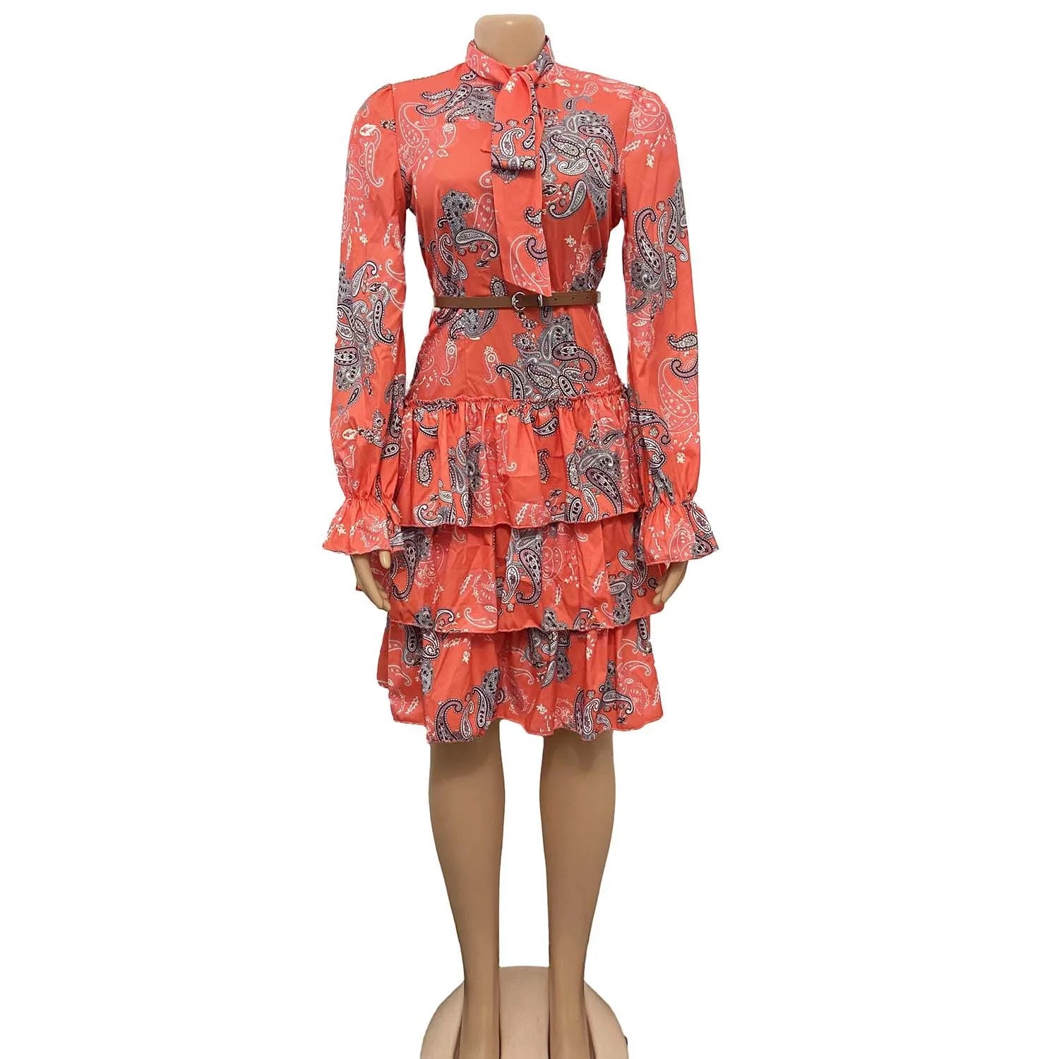 Elegant Office Ladies Dresses for Women Bow Collar Full Sleeve Belt Waisted Ruffles Knee Length Formal Business Work Vestidos OL