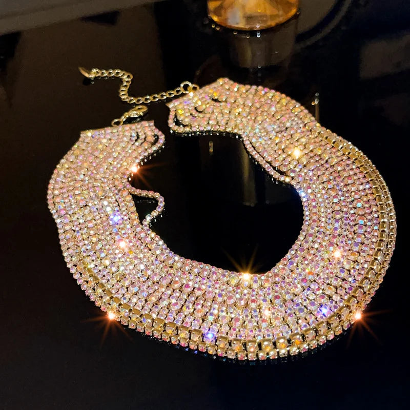 FYUAN Luxury Colorful Crystal Chokers Necklaces for Women Multilayer Gold Color Chain Rhinestone Necklaces Statements Jewelry colorful gold