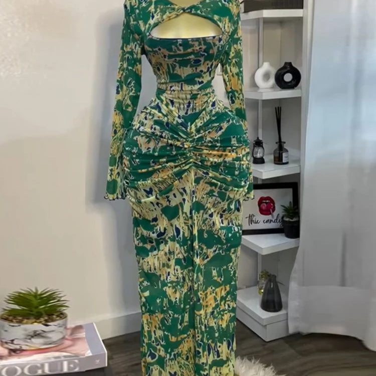 CM.YAYA Women Draped V-neck Cutout Front Ruched Stacked Bodycon Midi Long Maxi Dress 2025 Night Club Party Vestidos Sexy Dresses