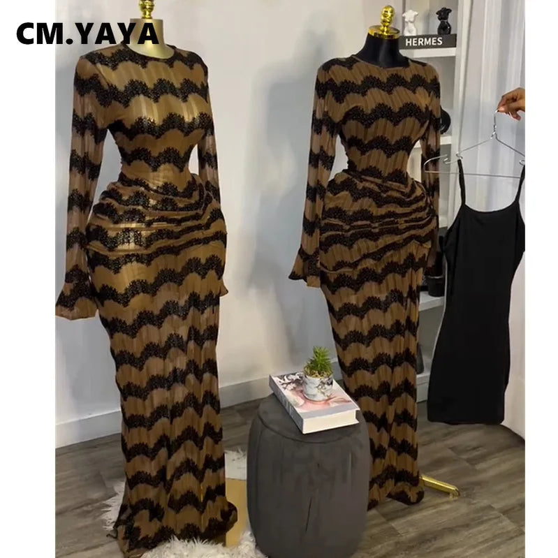 CM.YAYA Women Flare Full Sleeve Wave Striped Ruched Stacked Bodycon Midi Long Maxi Dress 2025 Evening Sexy Party Dresses Vestido