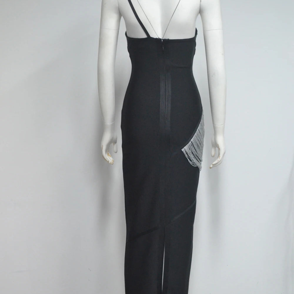 New Arrival Women Sexy Halter Off the Shoulder Silver Tassels Bodycon Long Bandage Dress Evening Party Celebrate Cocktail Wear