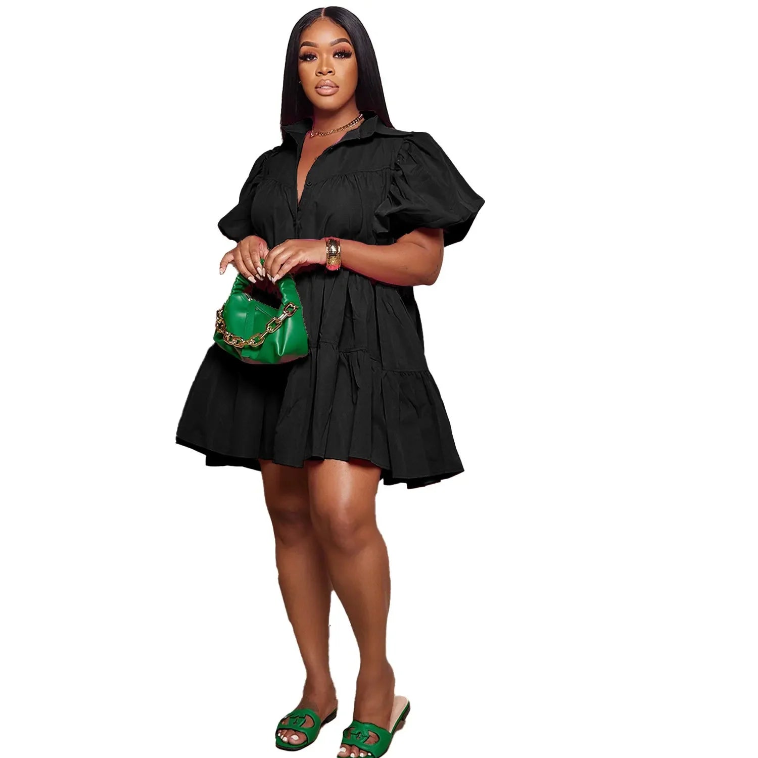 CM.YAYA Elegant Women Puff Sleeve Single Breasted Lapel Collar Babydoll Dress Street White Big Swing Loose Smock Shirt Dresses