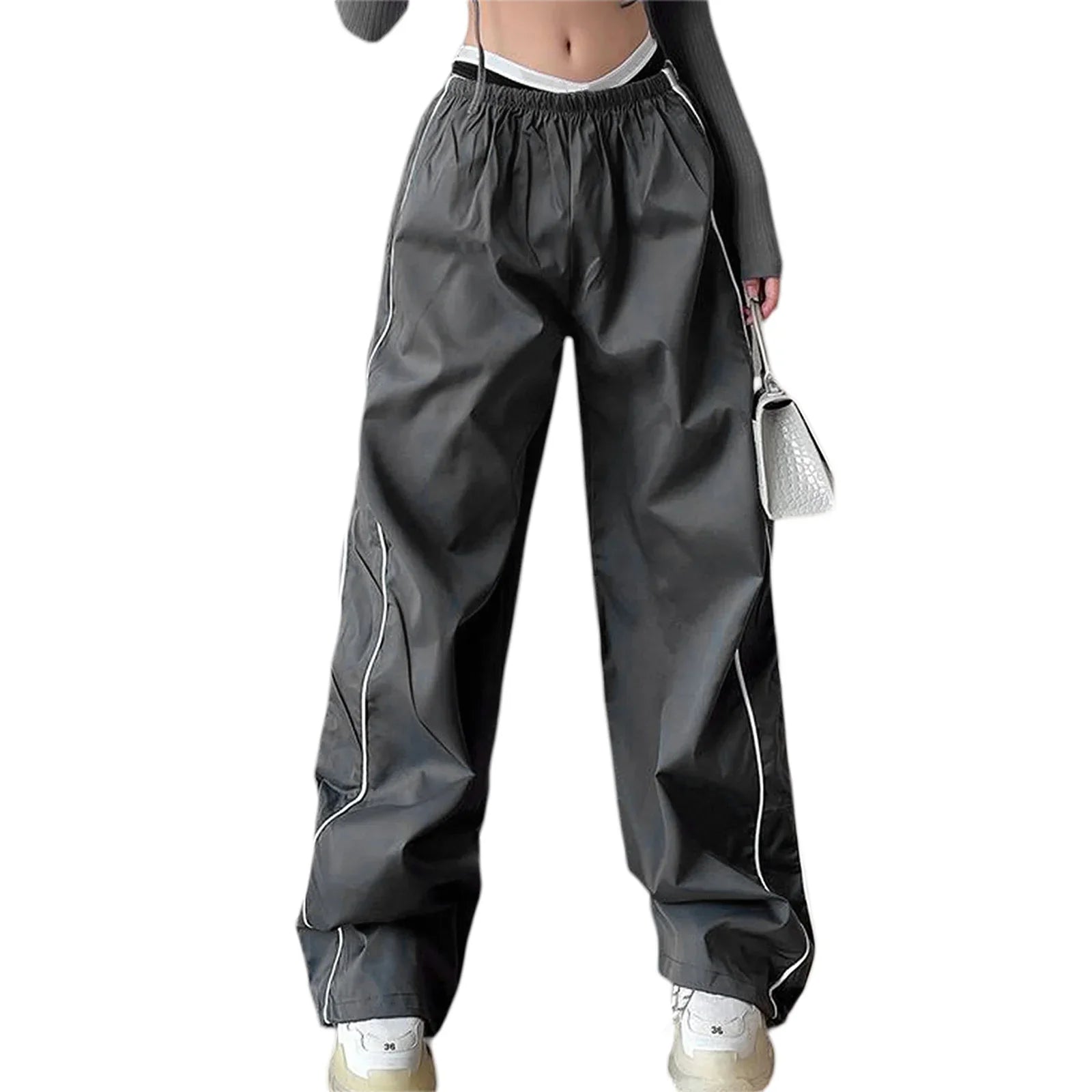 Women s Y2k Elastic Waist Cargo Pants Loose Solid Color Joggers Workout Pants with Pockets Streetwear Dark Gray