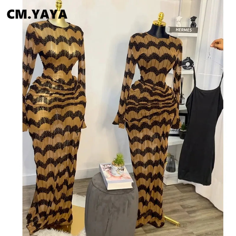 CM.YAYA Women Flare Full Sleeve Wave Striped Ruched Stacked Bodycon Midi Long Maxi Dress 2025 Evening Sexy Party Dresses Vestido
