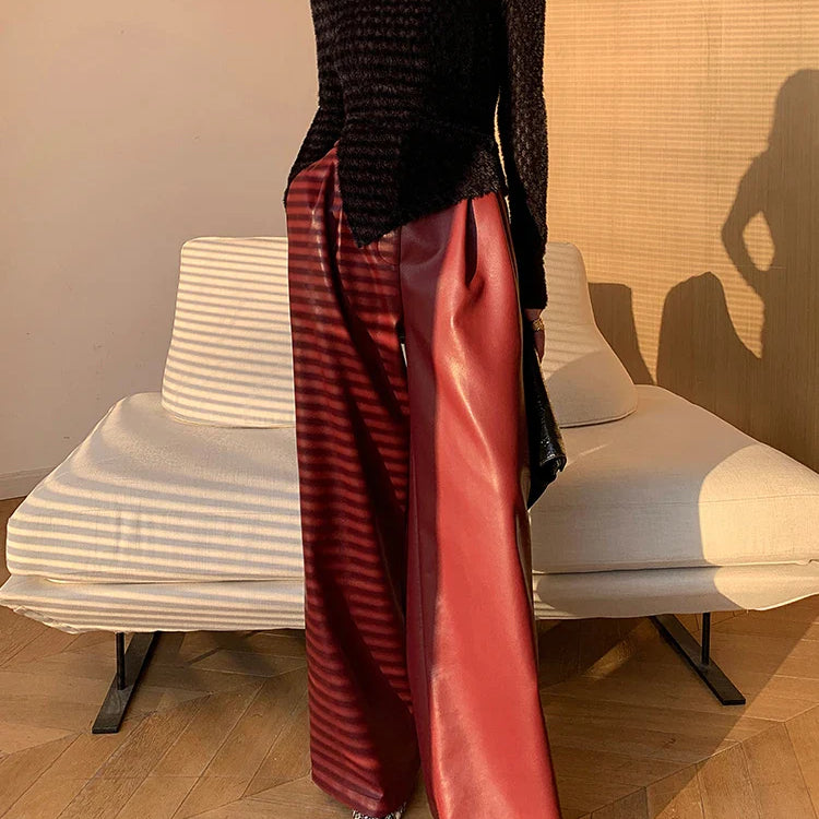 Spring Autumn Loose Casual Soft Black Burgundy Pu Leather Wide Leg Pants for Women High Waist Korean Style Fashion 2023