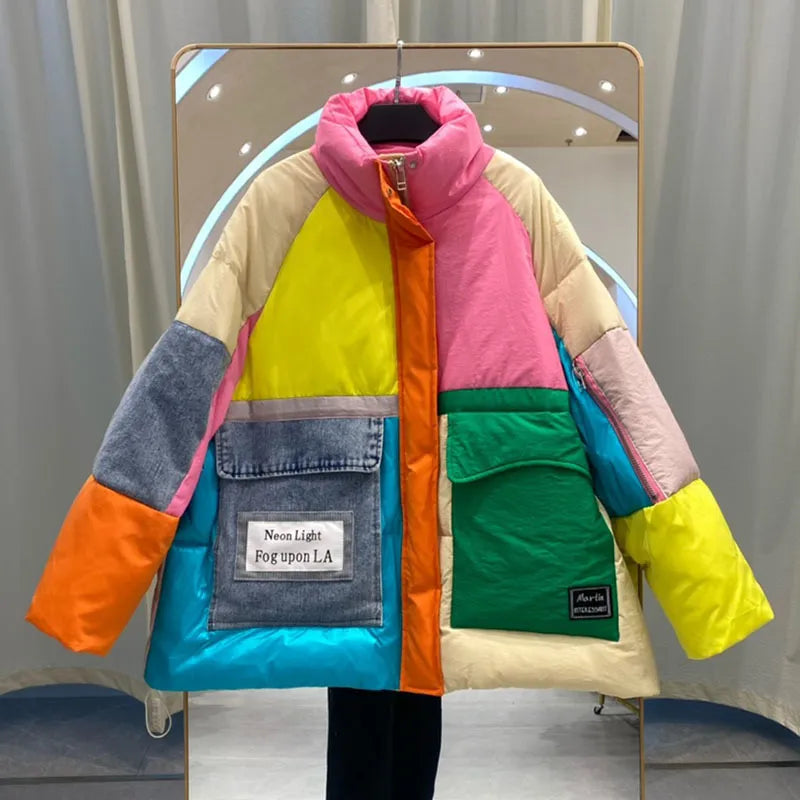 Oversize Denim Spliced Down Jacket Women Large Pockets Winter Coat Zipper Patchwork Puffer Jacket Windproof Thicken Picture Color