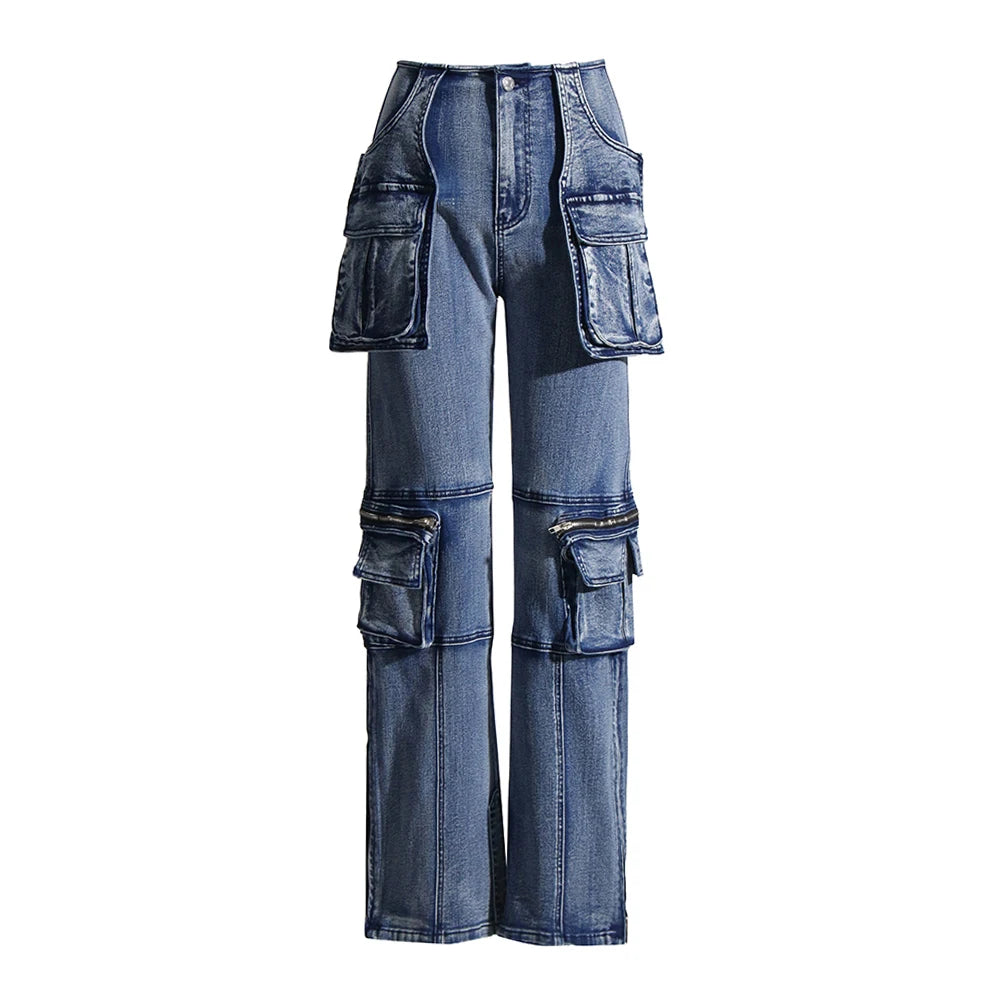 Solid Patchwork Pockets Casual Denim Trousers For Women High Waist Spliced Button Streetwear Loose Cargo Jeans Female New BLUE