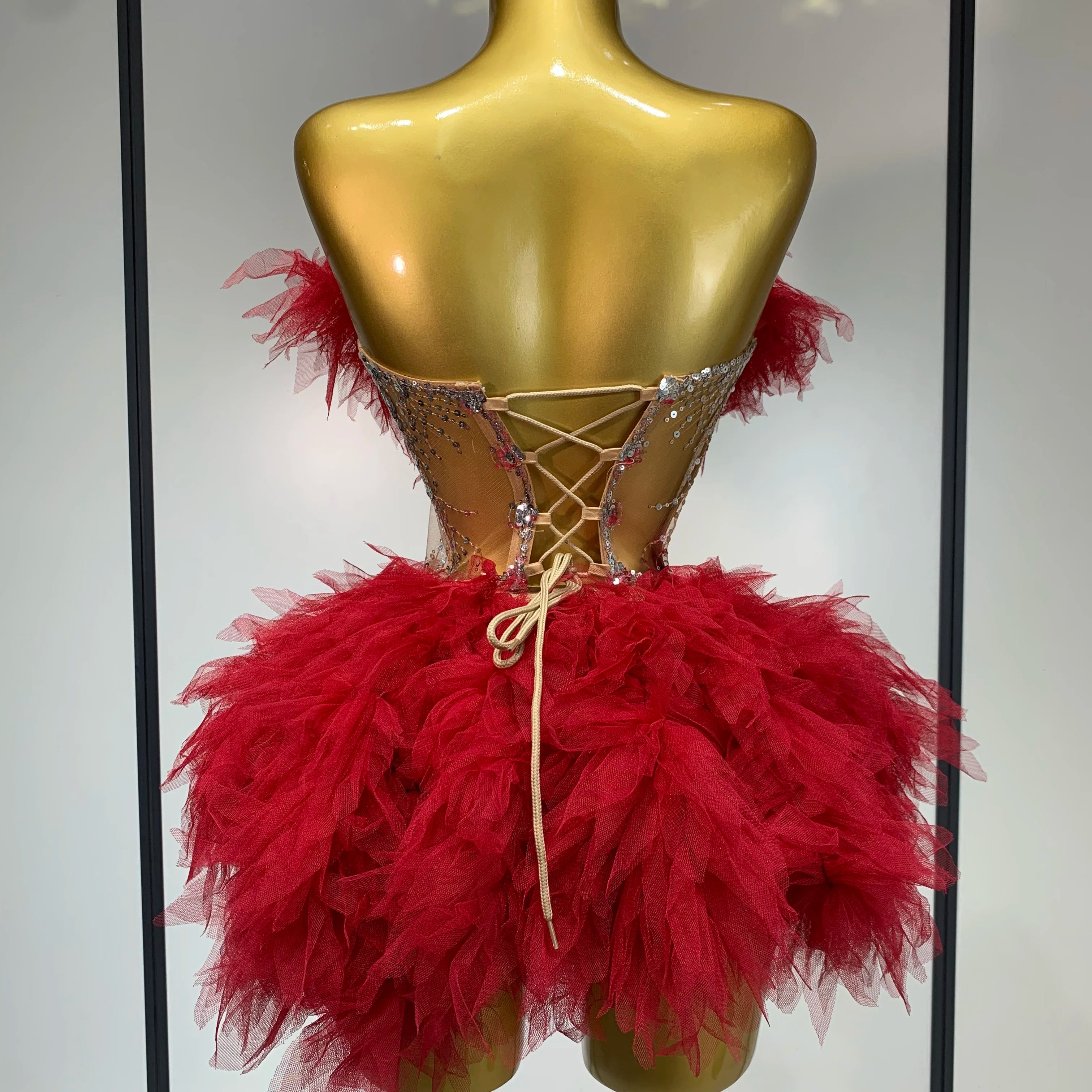 Sexy Strapless Red Mesh Two Pieces Set Singer Nightlcub Party Stage Outfit Photo Shoot 2025 Prom Gown Luxury Birthday Dresses