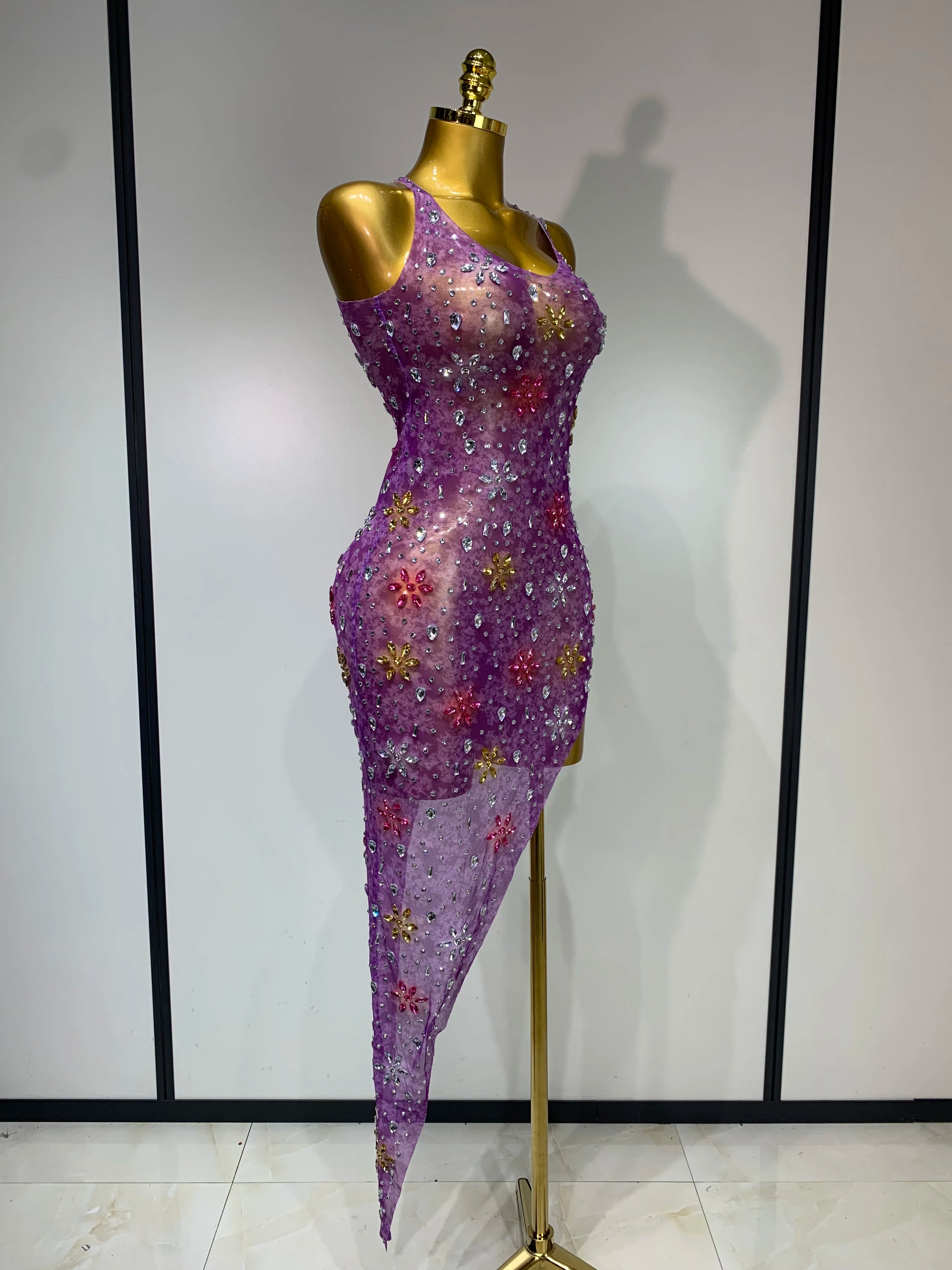 Women Sexy Mesh See Through Stretchy Sparkly Rhinestone Performance Costume Stage Dancer Nightclub Party Luxury Birthday Dress