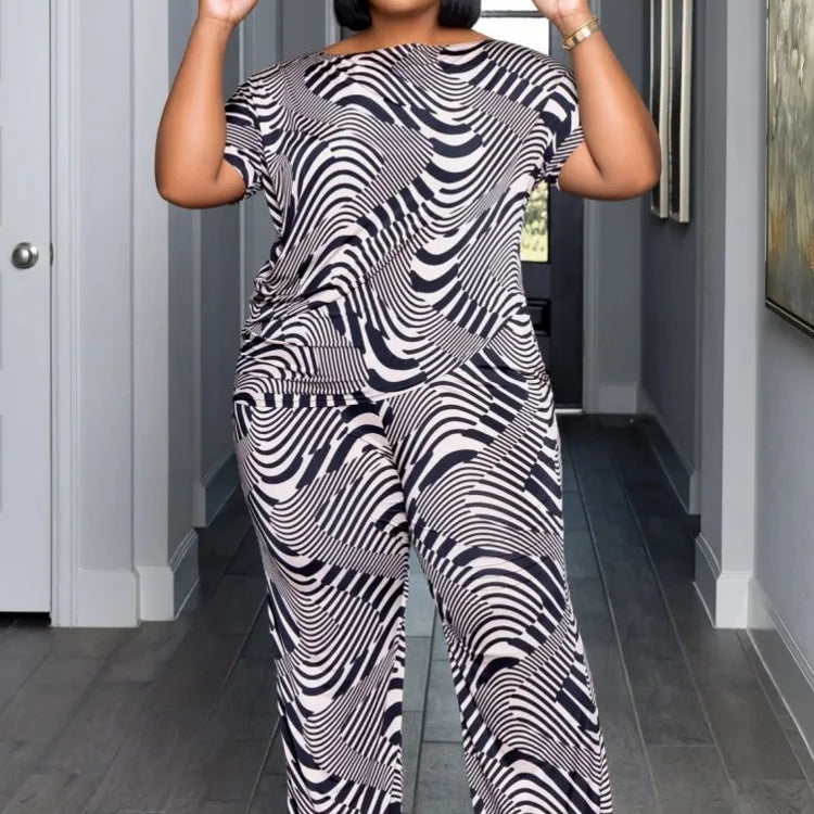 2 Piece Women Sets 2024 New Arrival Plus Size Summer Matching Sets Print Two Pieces Sets Top Pants Suits Outfits Clothing