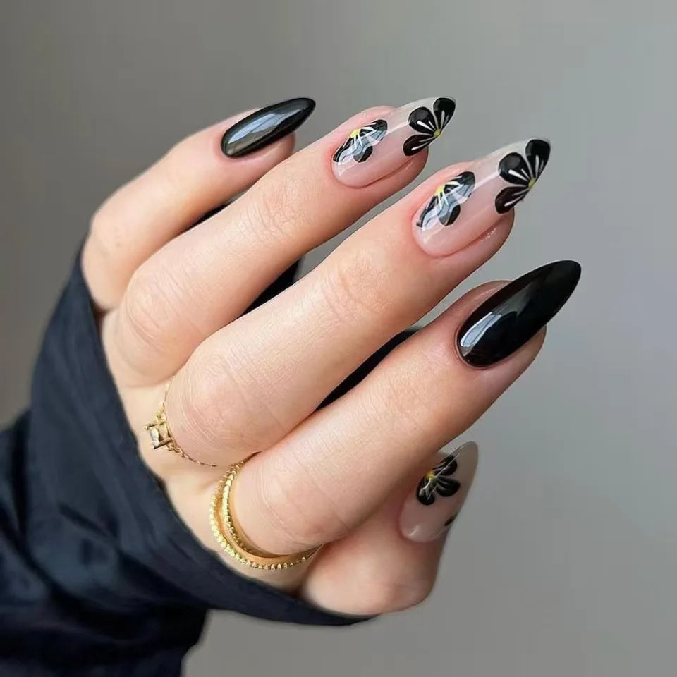 24pcs Wine Red Press on Nails Art Shiny Powder Leaves Pattern False Nails Tips Simple Almond Fake Nail Wearable Full Cover Nail