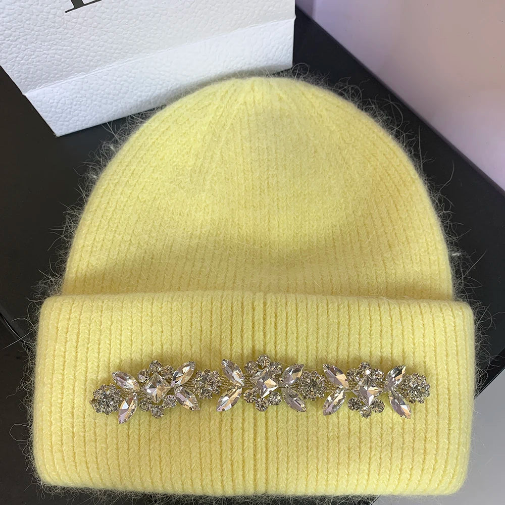 Real Rabbit Fur Knitted Hats for Women Winter Warm Beanie Luxury Rhinestones Bonnet Lady Outdoor Skiing Skullies Beanies Caps bright yellow