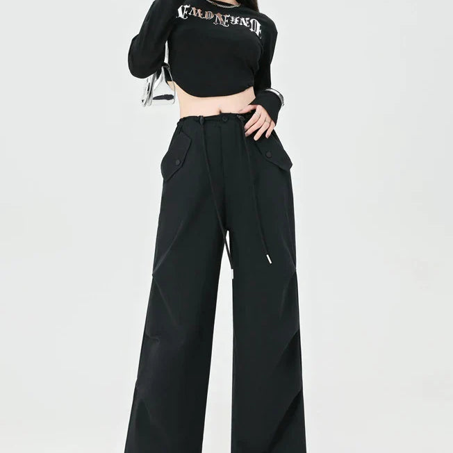 Women's High Street Casual Overalls 2000S Solid Color Loose Wide Leg Pants American Retro Punk Y2k Drawstring Cargo Pants black