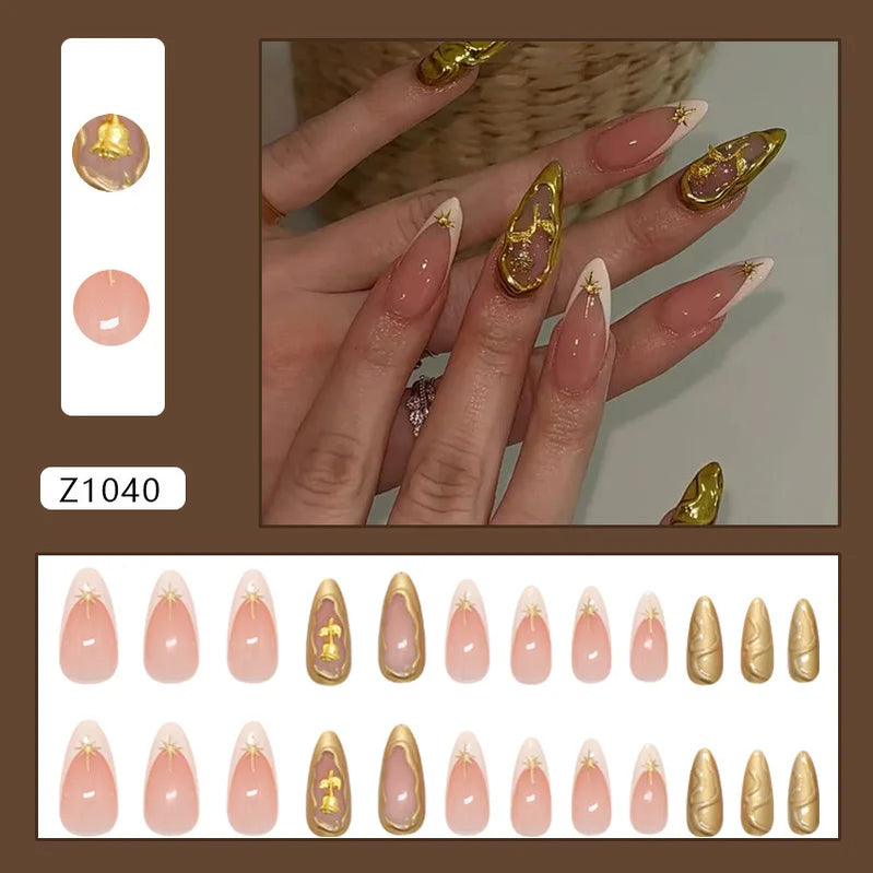 24pcs Y2k Love False Nails Sweet Cool Blue Blush Butterfly Print Fake Nails Tips Wearable Detachable Almond Press on Nails