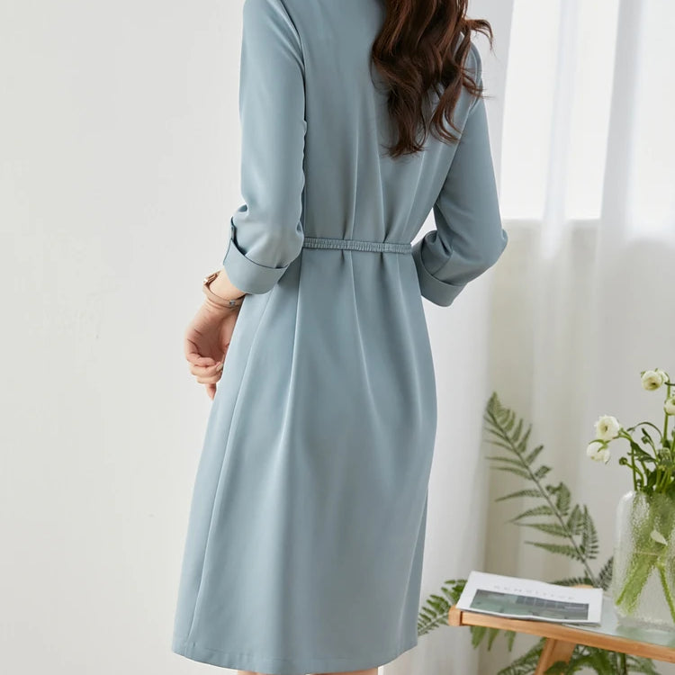 Elegant Solid Lace-up Slim Waist Dress Women Summer Straight Stand Collar Long Sleeve Office Ladies Vintage Dresses