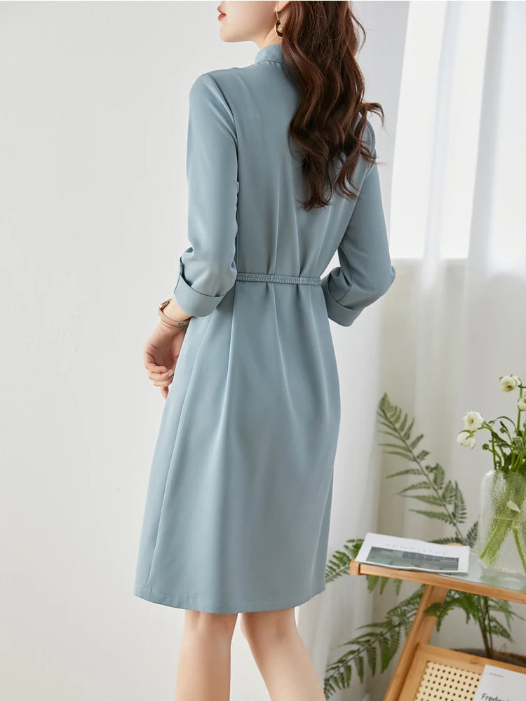 Elegant Solid Lace-up Slim Waist Dress Women Summer Straight Stand Collar Long Sleeve Office Ladies Vintage Dresses