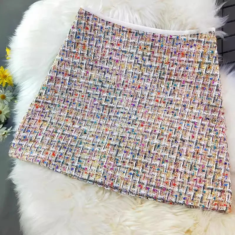Autumn Women's Multicolored Gold Thread Woven Tweed A-line Skirt High Street All Match Slim Mini Skirts Ropa Mujer Beige