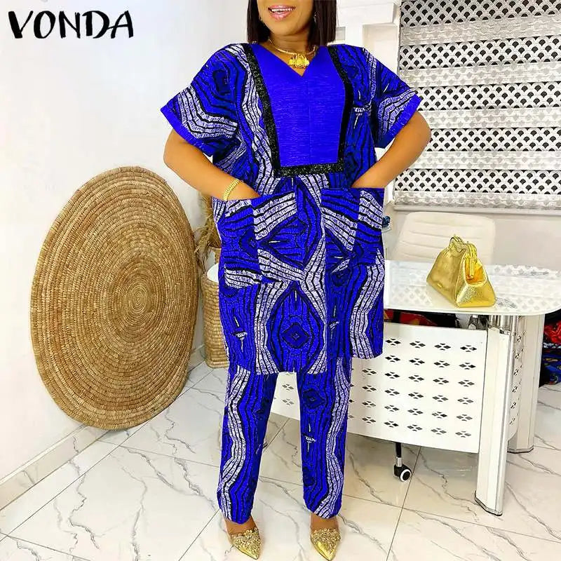 Plus Size 5XL Women Sets Summer Printing Loungewear Pants Sets VONDA 2024 Vintage Short Sleeve Tops Loose Pants Suits Two Piece