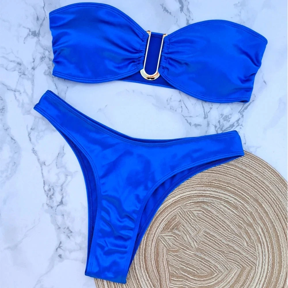 Sexy U Shaped Bandeau Bikinis Set Mujer Strapless Swimwear Women Gold Swimsuit Bathing Suit Biquinis Brazilian Bikini Swim 2024 Blue