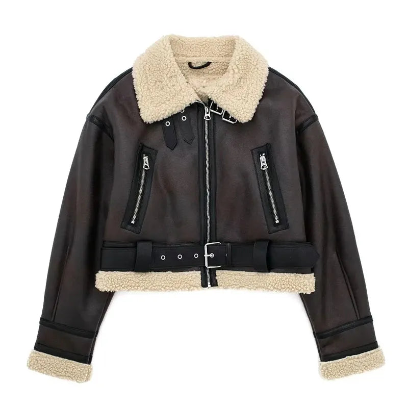TRAFZA 2023 Women Fashion Thick Warm Lambs Wool Jacket Coat Vintage Long Sleeve Zipper Jackets Female Outerwear Chic Tops dark brown