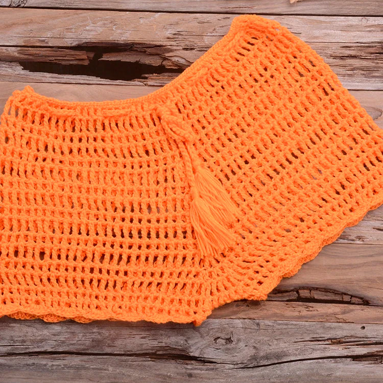 Crochet Hollow Out Tassel Beach Cover Up Sexy Women Mini Tops Beachwear Bikini Swimwear Bathing Suit Cover Up Orange Bottom One Size