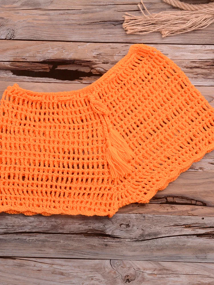 Crochet Hollow Out Tassel Beach Cover Up Sexy Women Mini Tops Beachwear Bikini Swimwear Bathing Suit Cover Up Orange Bottom One Size