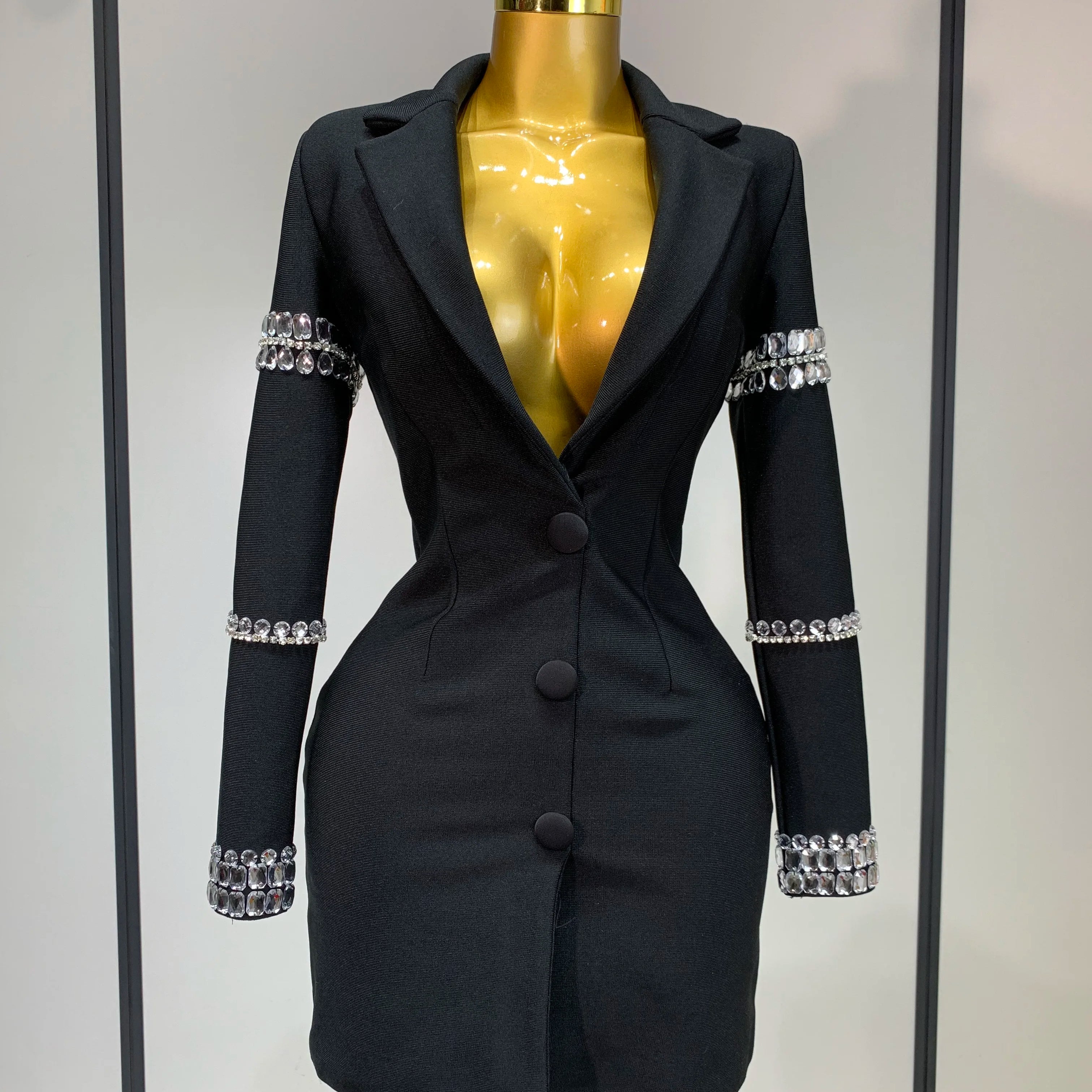 Women Sexy Long Sleeve V Neck Beading Rhinestone Mini Bodycon Bandage Dress 2025 Celebrity  Elegant Evening Party Birthday Dress