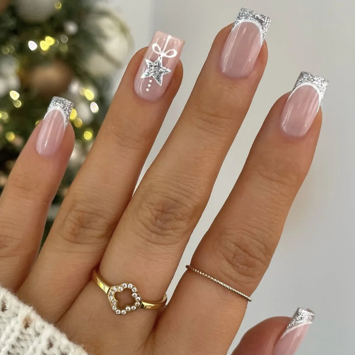 Silver French Fake Nails 24Pcs Nude Color Press On Nails Star/Bowknot Designs Short Square Artificial Nails Patches for Women