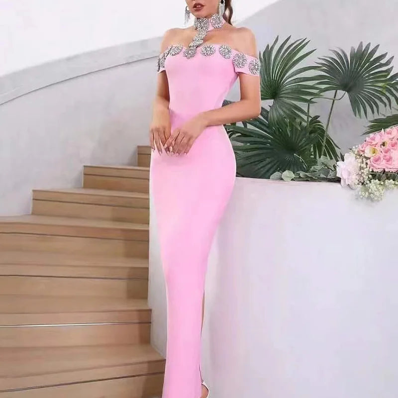 2024 Heavy Industry Beaded Women Sexy Bandage Dress Hanging Neck Style Card Shoulder Sleeve Bodycon Off Back Long Dress Vestidos