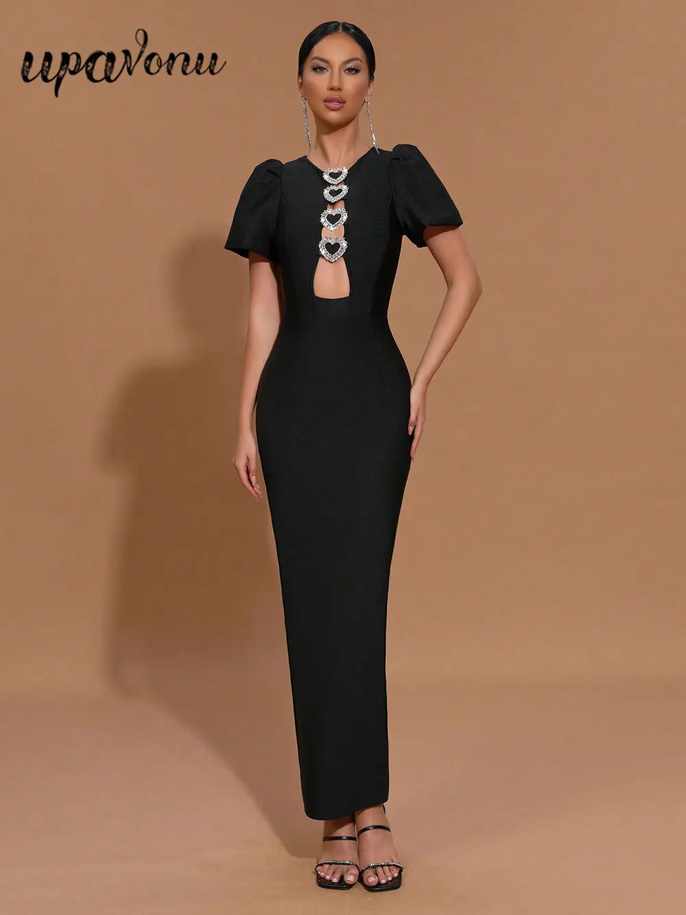 2025 Sexy Women Three-Dimensional Heart-Shaped Design Hollow Bandage Dress O-Neck Short Sleeved Bodycon Black Long Dress Vestido