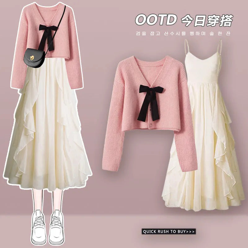 Women's Spring Autumn Fashion Cross Knitted Sweater+Strap Dress Two Piece Korean Elegant New in Matching Set Femlae Skirt Set 06