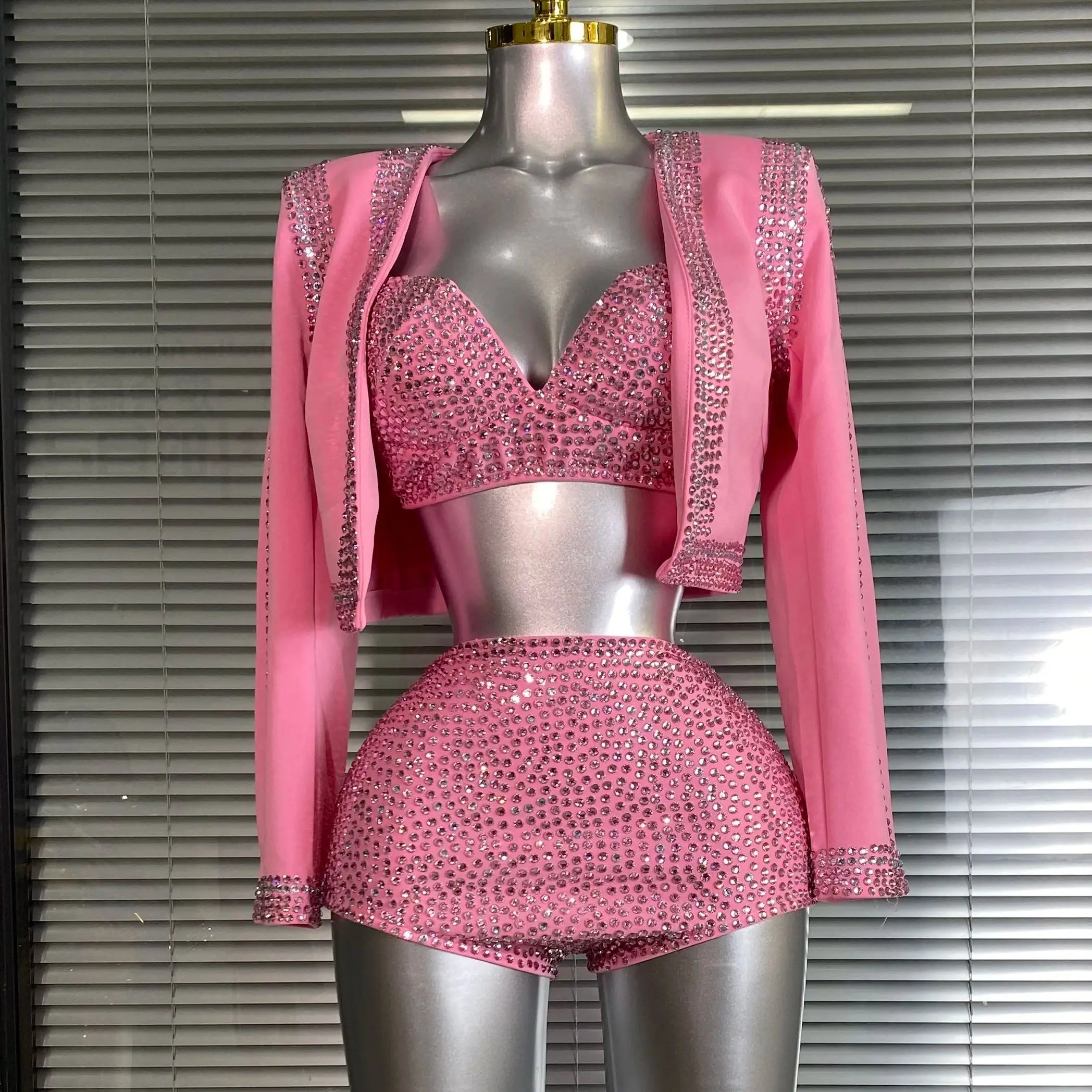 Women Sexy Two Pieces Set Pink Crystal Diamond Night Club Short Pants Suits Coat Singer Dancer Stage Performance Costume