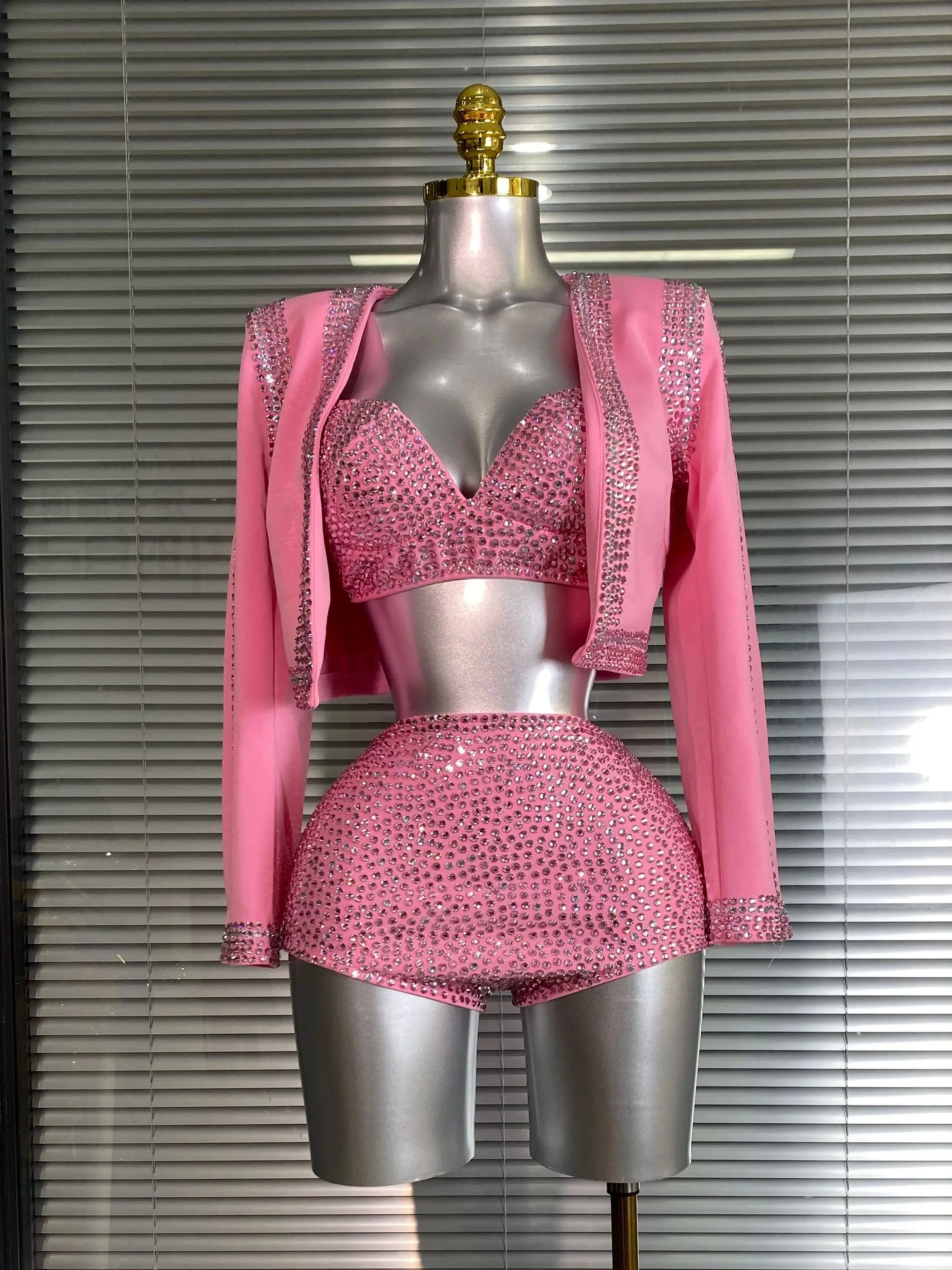 Women Sexy Two Pieces Set Pink Crystal Diamond Night Club Short Pants Suits Coat Singer Dancer Stage Performance Costume