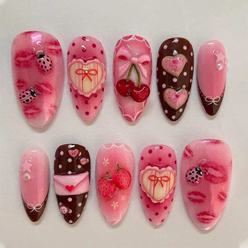24Pcs Dark Red Leopard Print Pattern Fake Nails Patch Sweet Cool 3D Cherry Press on Nail Lip Print French Almond Nails for Women