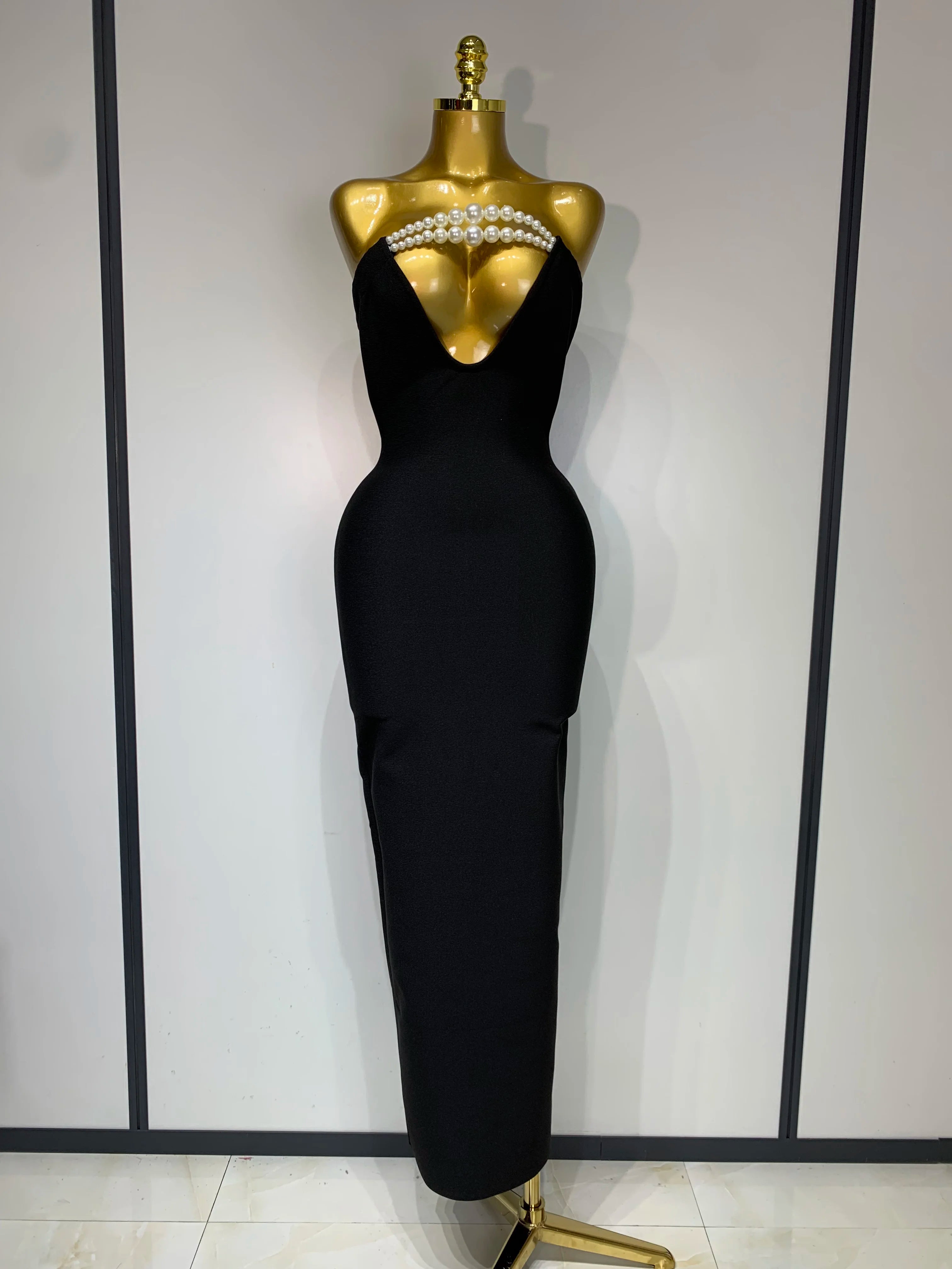 Women Sexy Backless Strapless Black Beading Long Bandage Bodycon Dress 2025 Celebrity Elegant Evening Luxury Birthday Dresses
