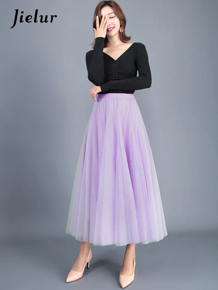 Jielur Skirts Womens Autumn 3 Layers Princess Tulle Mesh Pleated Skirt Saia Female Jupe Summer Tutu Skirts Faldas Mujer Moda Light purple One Size