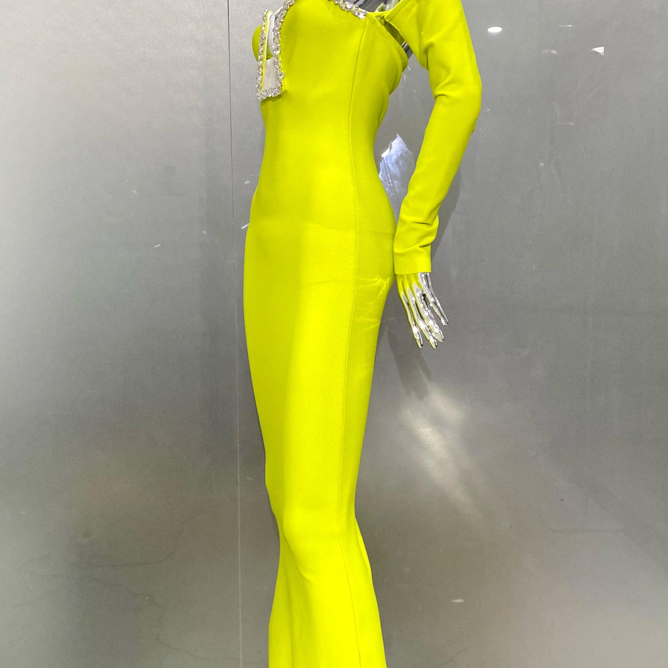 New Winter Yellow Green Shining Diamonds Sexy V-Neck off The Shoulder Mermaid Long Dress Fashion Woman Evening Party Vestido