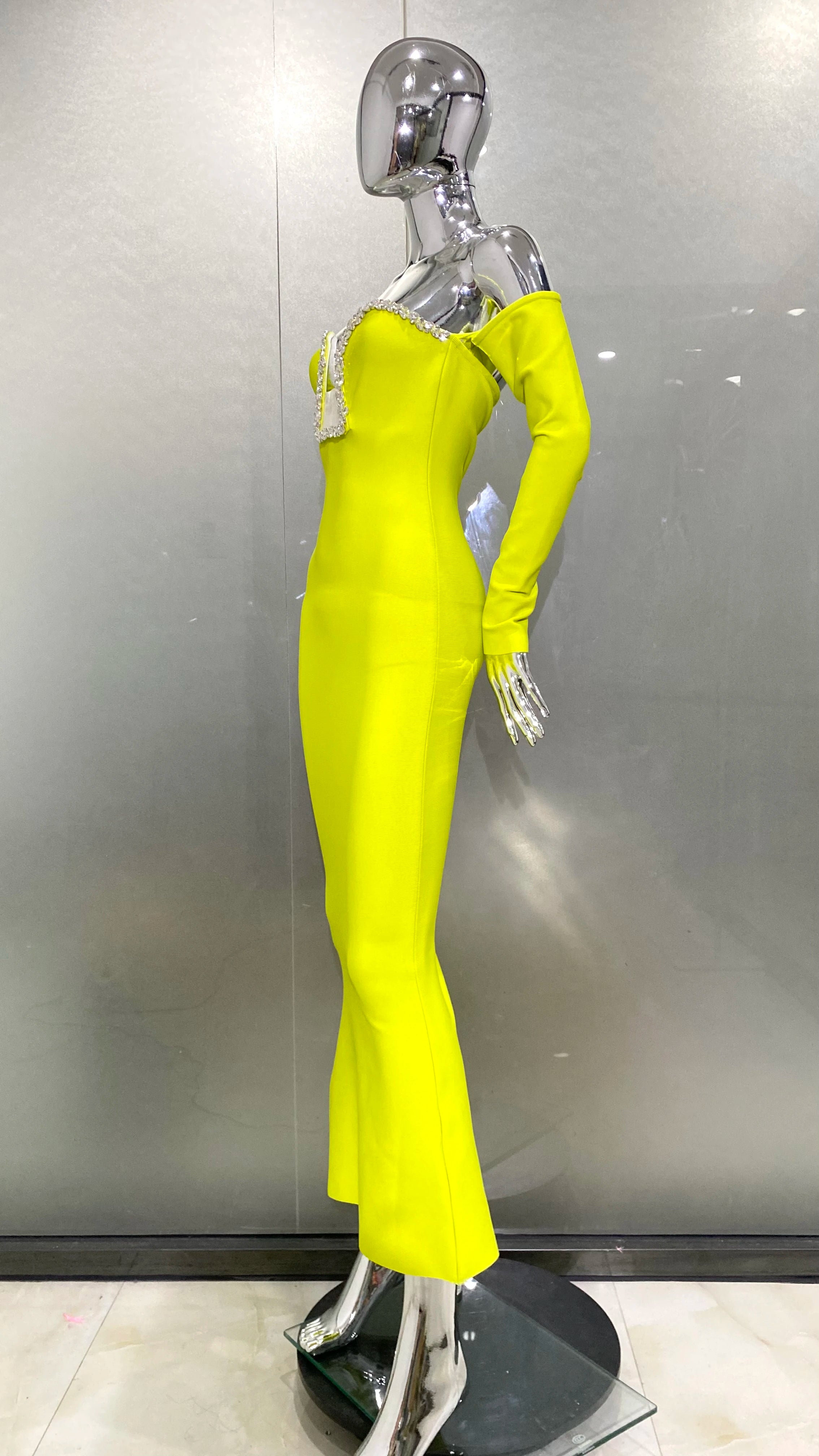 New Winter Yellow Green Shining Diamonds Sexy V-Neck off The Shoulder Mermaid Long Dress Fashion Woman Evening Party Vestido