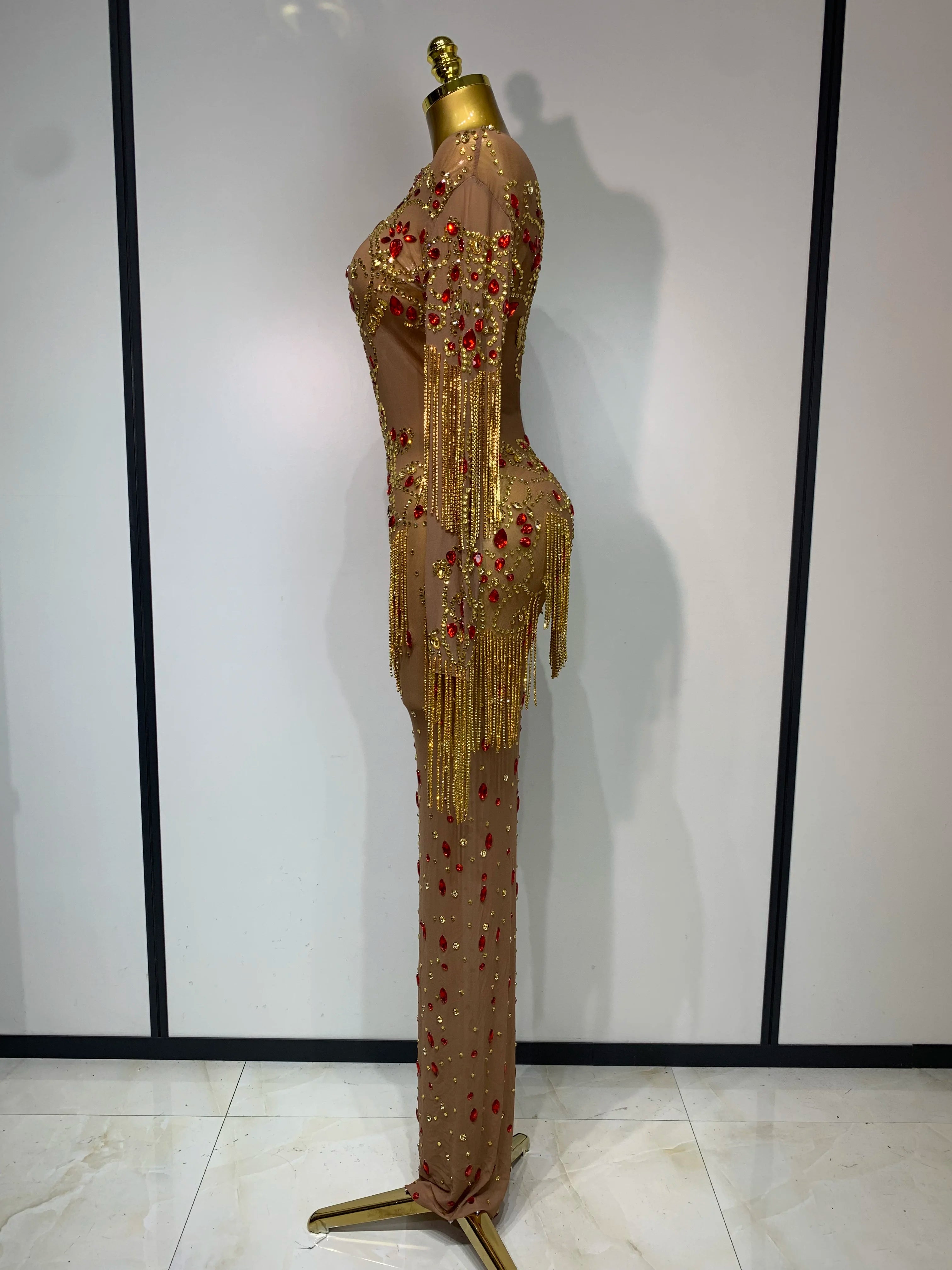 High Quality See Through Elastic Mesh Sparkly Rhinestone Stage Performan Costume Luxury Birthday Evening Party Wedding Dress