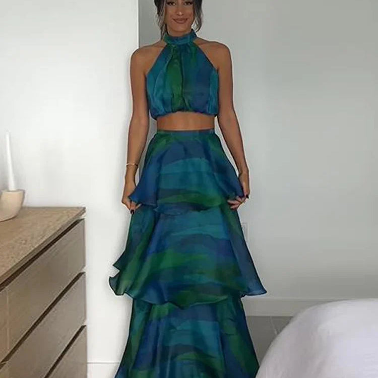 Printed Halter Top & Ruffles Dresses Waist Patchwork Fashion Crop Pullover Long Skirts Spring Summer Holiday Dress Bohe DEEP BLUE