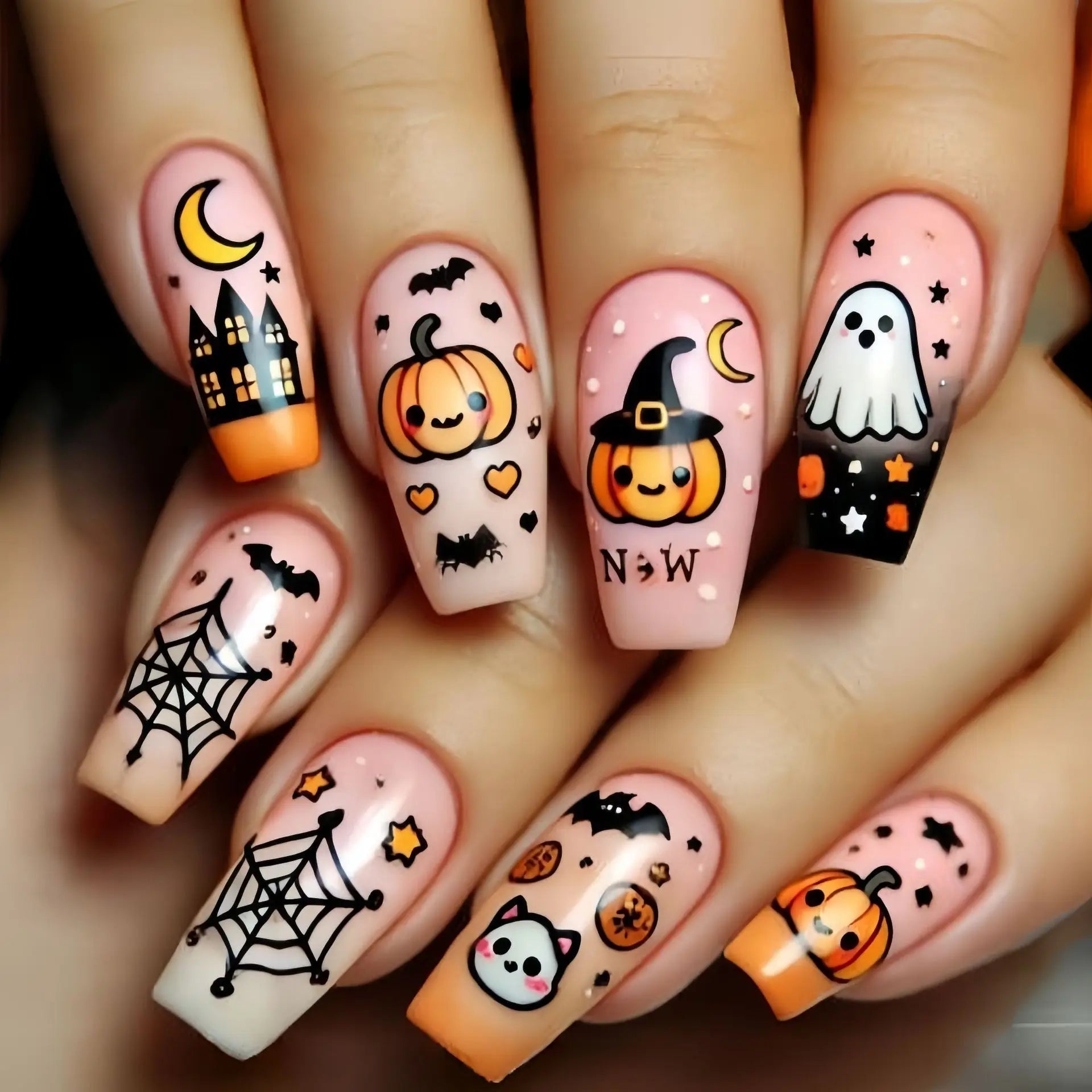 24pcs/set Short Medium fake nails for Halloween party Dead trees and crows bat Night sky Square almond tips press on false nail