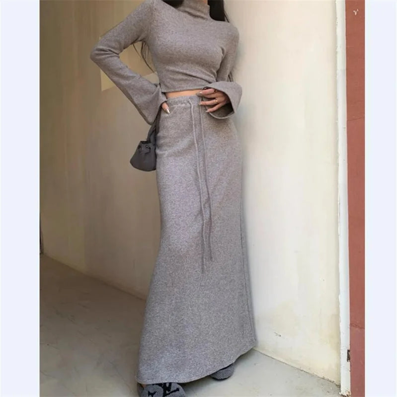 New Year's Red Robe Retro Women Girl Half High Neck Top and High Waist Long Skirt Two Piece Set Autumn Dress Sets GRAY