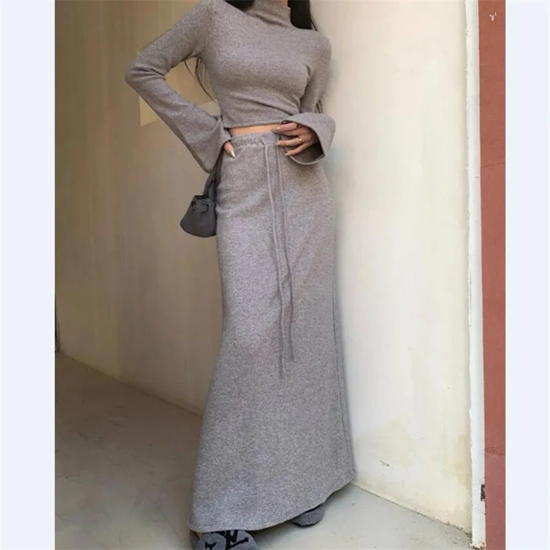 New Year's Red Robe Retro Women Girl Half High Neck Top and High Waist Long Skirt Two Piece Set Autumn Dress Sets GRAY