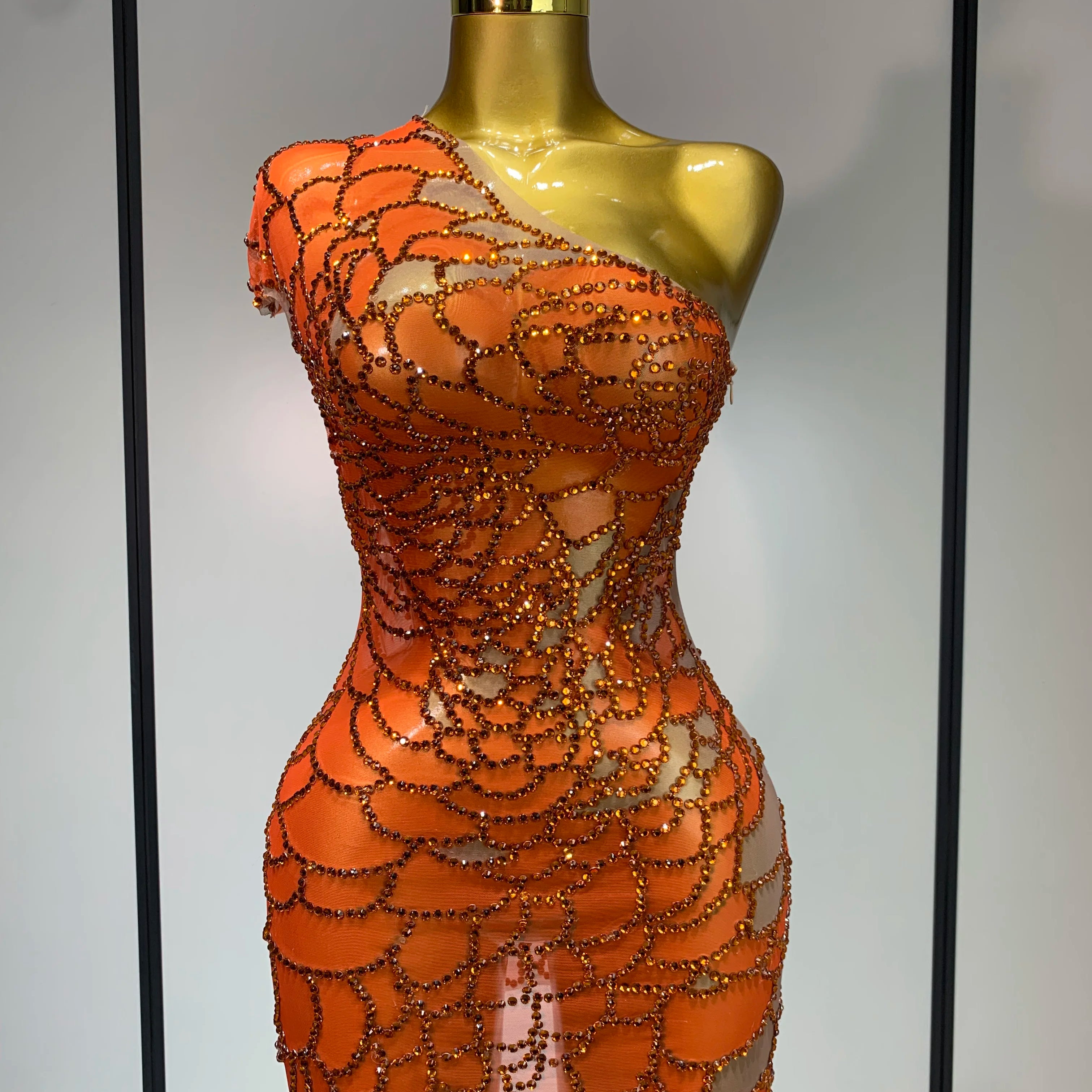 Women Sexy Mesh See Through One Shoulder Rhinestones Stage Costume Singer Nightclub Evening Party Luxury Birthday Mini Dresses