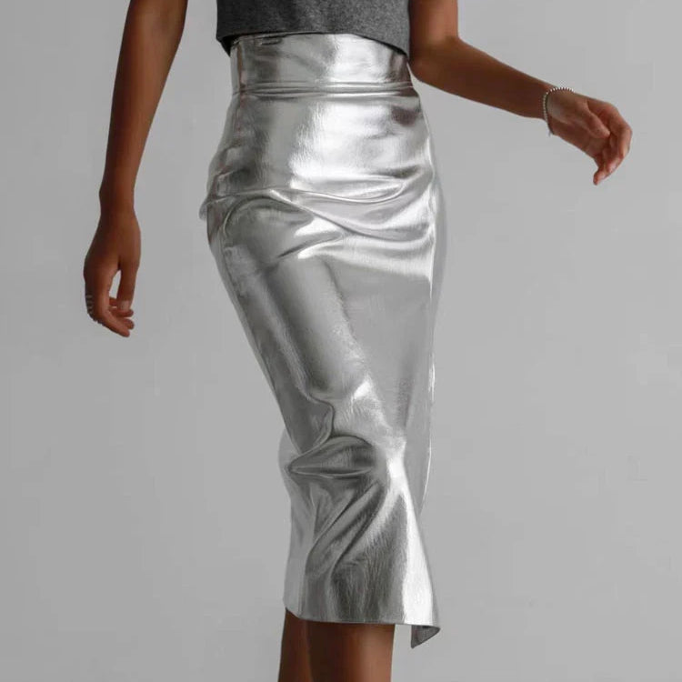 Spring Autumn Shiny Black Silver Golden Pu Leather Skirt Women Front Slit High Waist Long Luxury Designer Clothes 2023