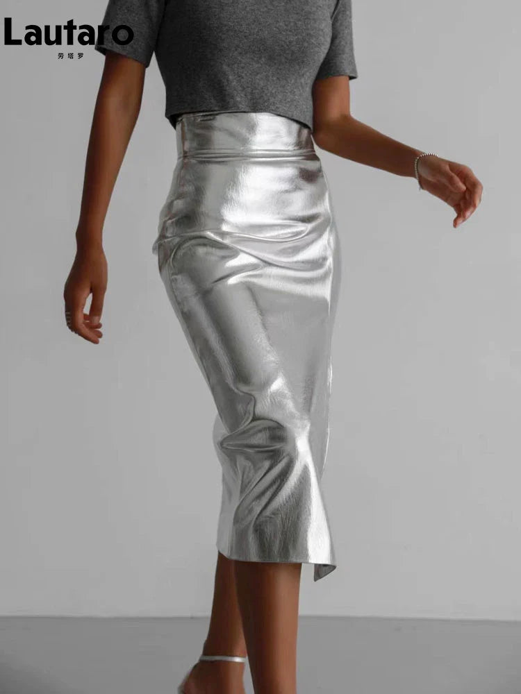 Spring Autumn Shiny Black Silver Golden Pu Leather Skirt Women Front Slit High Waist Long Luxury Designer Clothes 2023