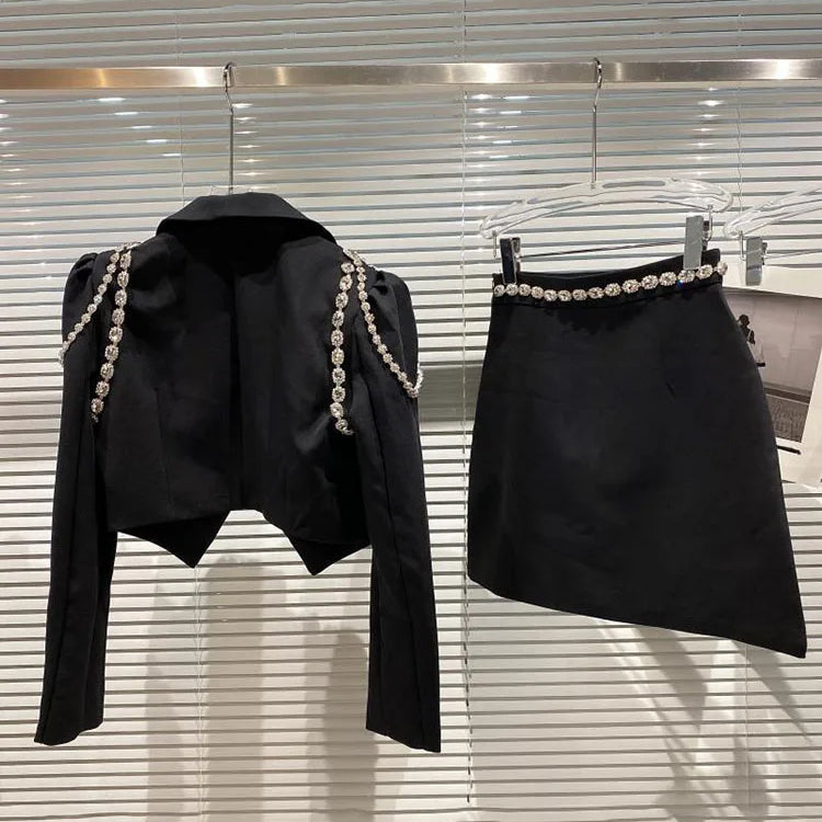 Fashion Trend Versatile Notched Long Sleeve Suit Women's Slim High Waist Skirt Two Pic Set Female