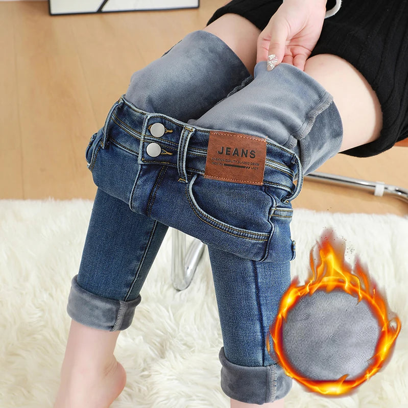 Winter Women's Fleece Thickened Jeans Elastic High Waist Skinny Fashion Slim Fit Velvet Pencil Denim Pants Black Blue vintage Blue